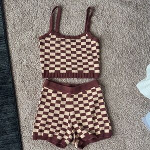 Checkerboard Knit Crop Tank & High-Waist Shorts Set Brown & Cream